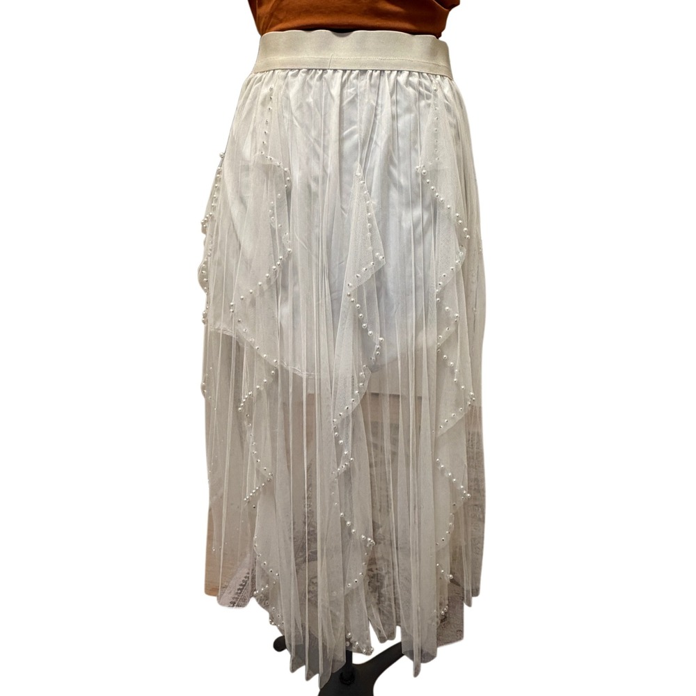 Come What Mae Tulle Pearl Maxi Skirt Womens Size M/L Cream Layered‎ Mesh Overlay